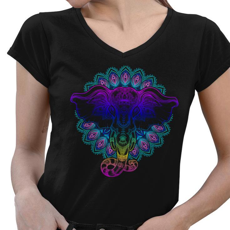 Yoga Elephant Aesthetic Ornate Stylized Women V-Neck T-Shirt