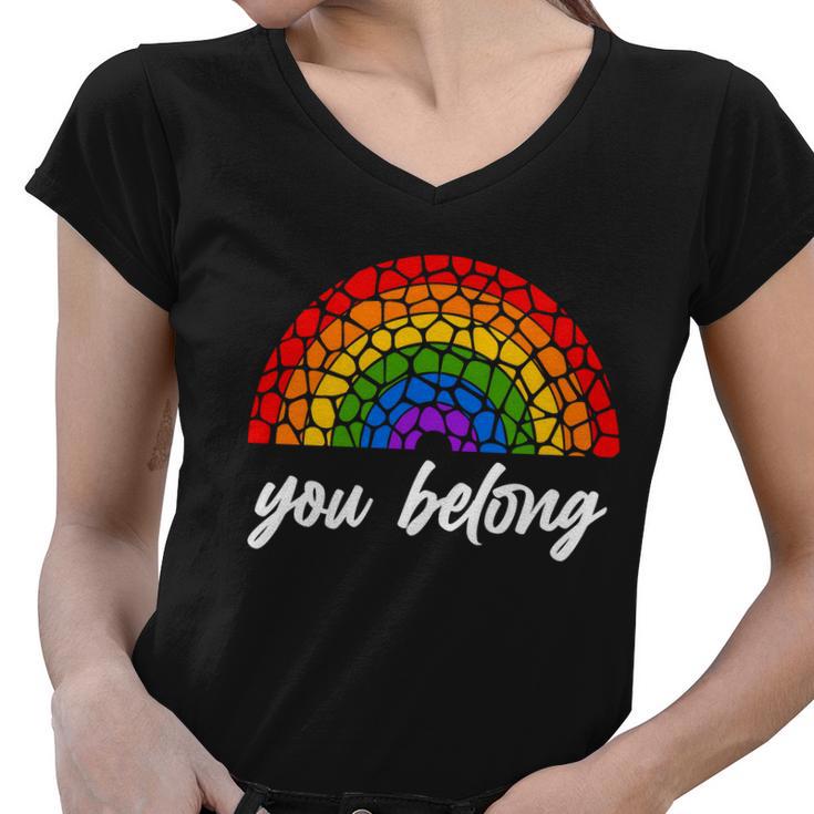 You Belong Lgbtq Stone Pattern Rainbow Women V-Neck T-Shirt