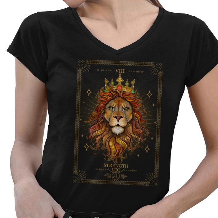 Zodiac Leo Lion Tarot Card Viii Strength Women V-Neck T-Shirt