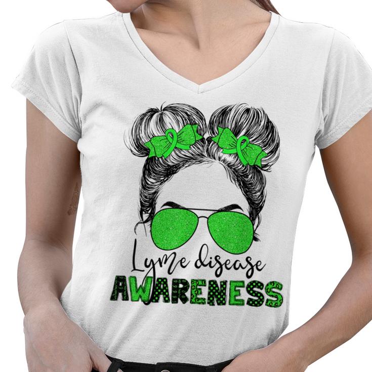 Lyme Disease Awareness Messy Hair Bun For Girl  Women V-Neck T-Shirt