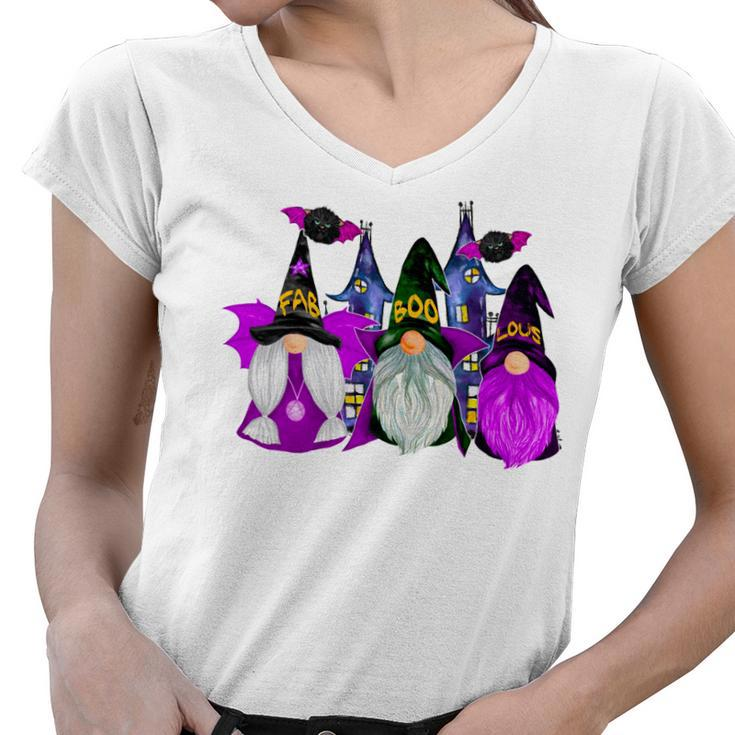 3 Halloween Gnomes Purple Gnome Vampire Gnome Witch Women V-Neck T-Shirt