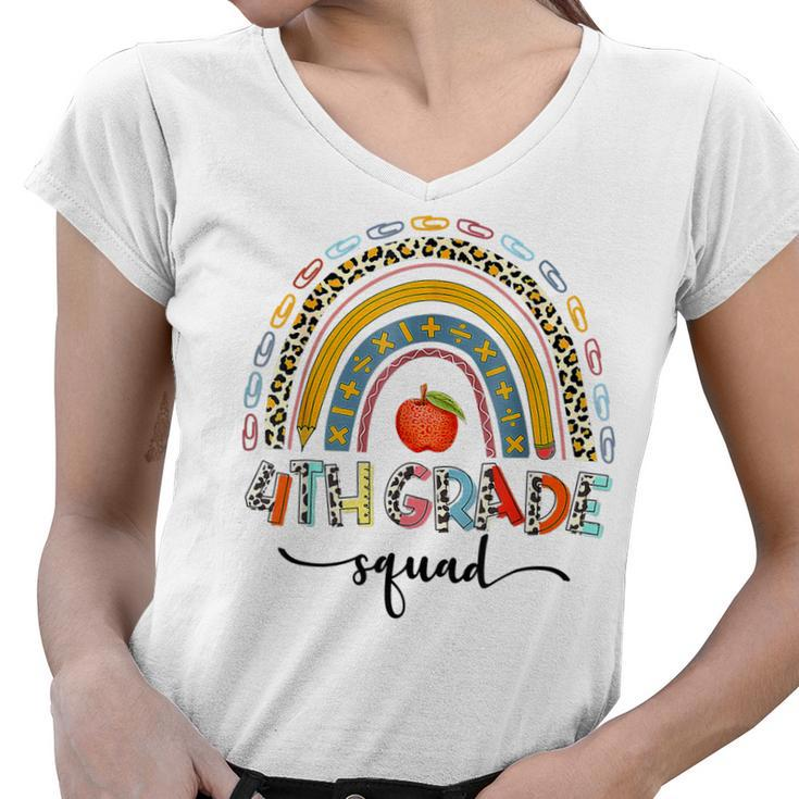 4Th Grade Squad Leopard Rainbow Girls Boys Teacher  Women V-Neck T-Shirt
