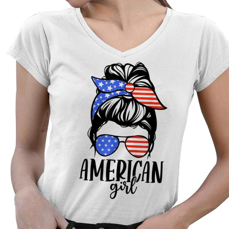 American Girl Messy Hair Bun Usa Flag Patriotic 4Th Of July  Women V-Neck T-Shirt