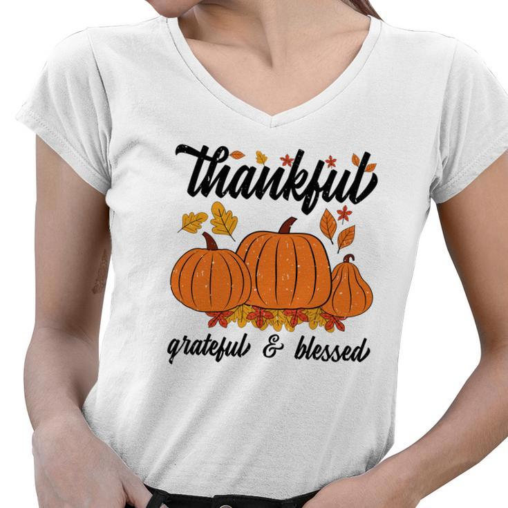 Autumn Thankful Grateful Blessed New Fall Gift Women V-Neck T-Shirt