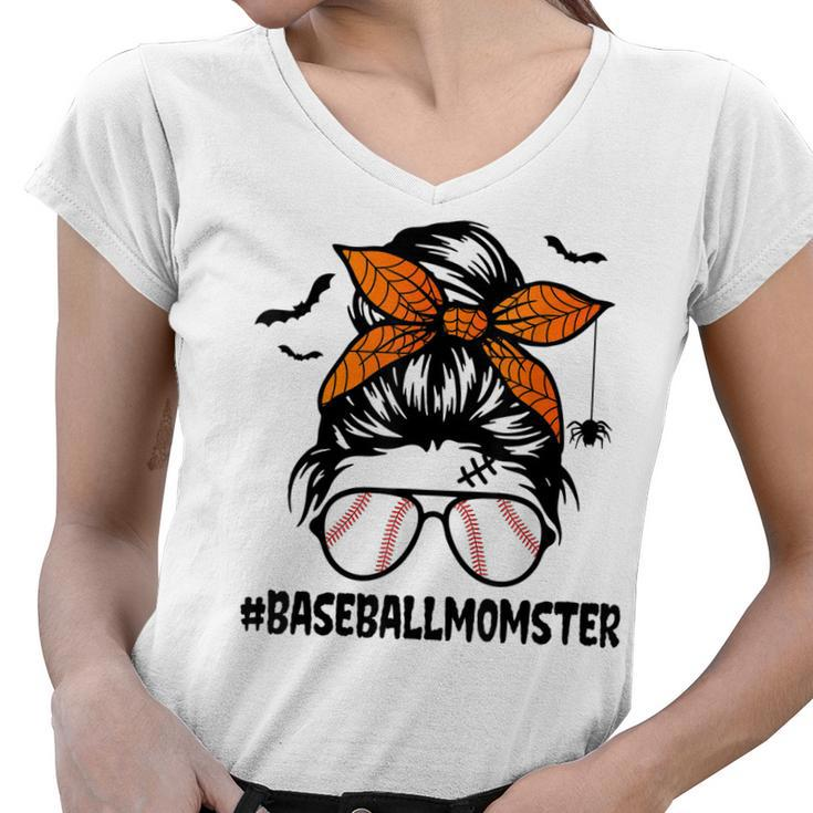 Baseball Momster  For Women Halloween Mom Messy Bun  Women V-Neck T-Shirt