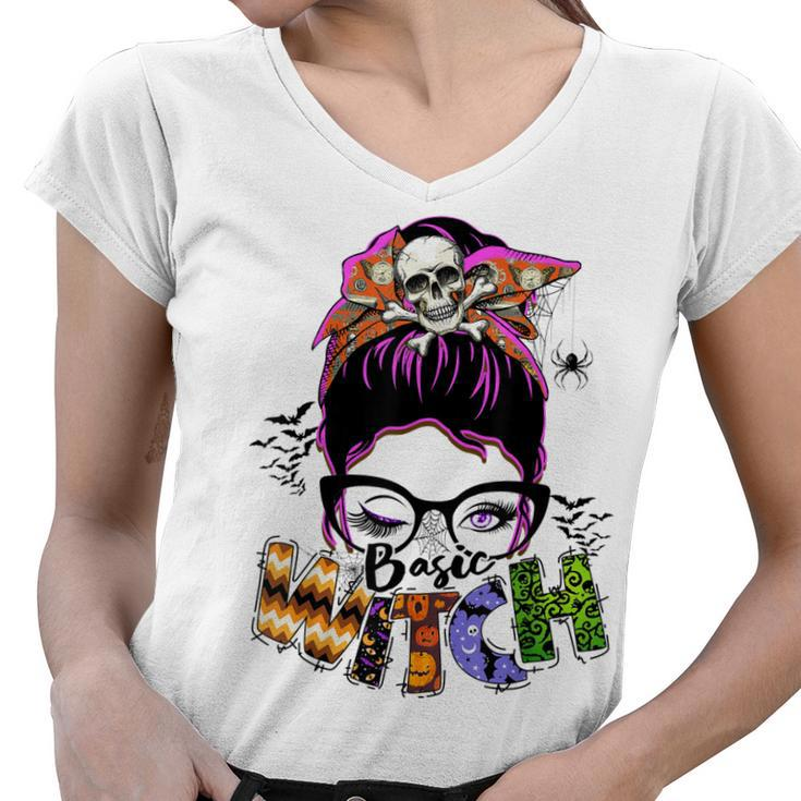 Basic Witch Halloween Messy Bun Halloween Skull Turban  Women V-Neck T-Shirt