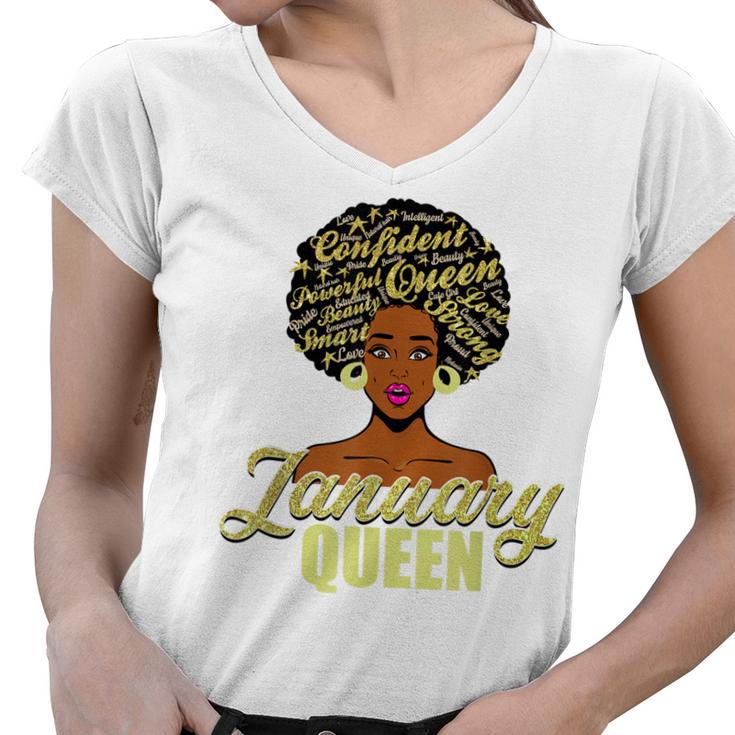 Black African American Melanin Afro Queen January Birthday  Women V-Neck T-Shirt
