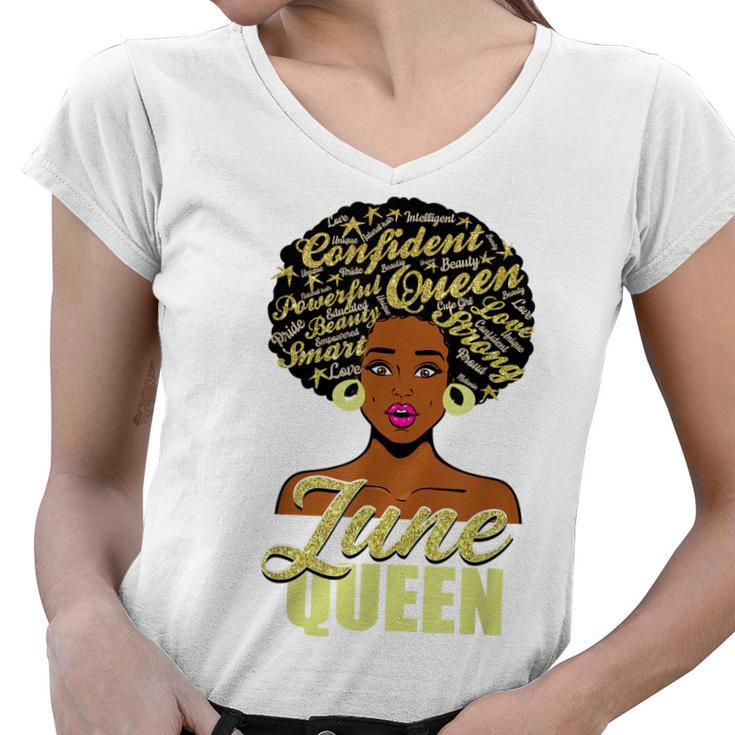 Black African American Melanin Afro Queen June Birthday  Women V-Neck T-Shirt