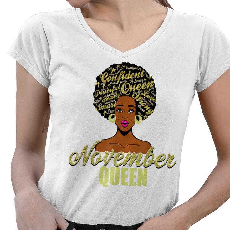 Black African American Melanin Afro Queen November Birthday  Women V-Neck T-Shirt