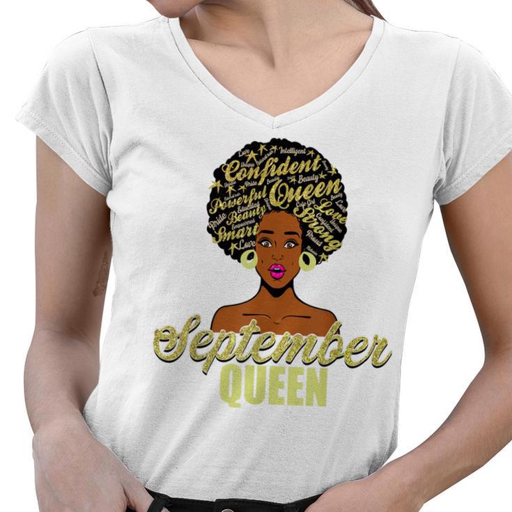 Black African American Melanin Afro Queen September Birthday Women V-Neck T-Shirt