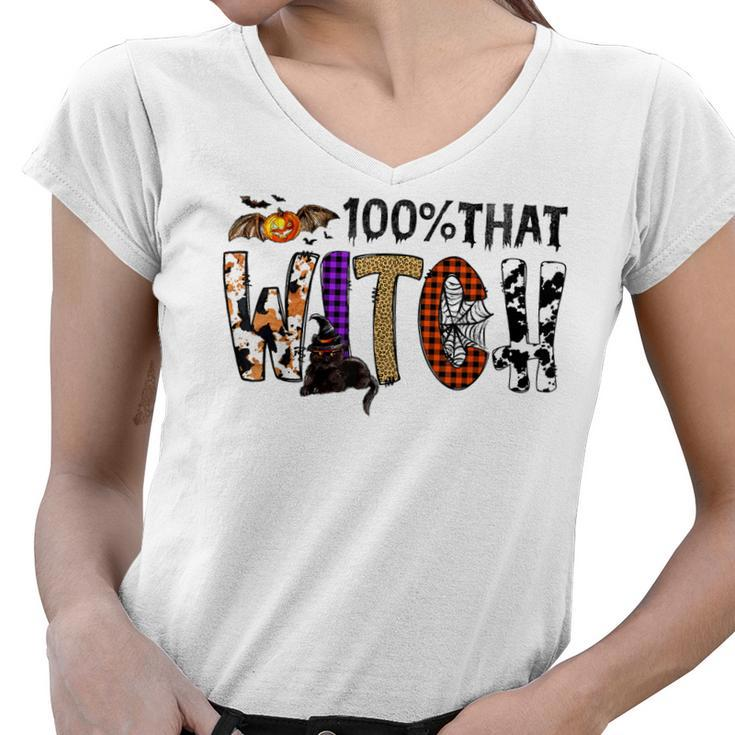 Black Cat 100 That Witch Spooky Halloween Costume Leopard  Women V-Neck T-Shirt