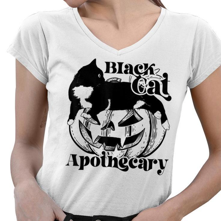 Black Cat Apothecary Cat Witch Pumpkin Halloween Costume  V2 Women V-Neck T-Shirt