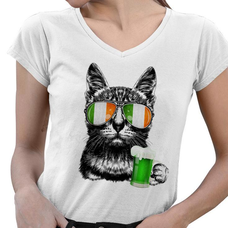 Black Cat St Patricks Day Tshirt Kitty Kitten Lover Drinking Women V-Neck T-Shirt