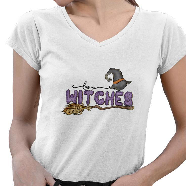Boo Witches Broom Halloween Boo Crew Women V-Neck T-Shirt