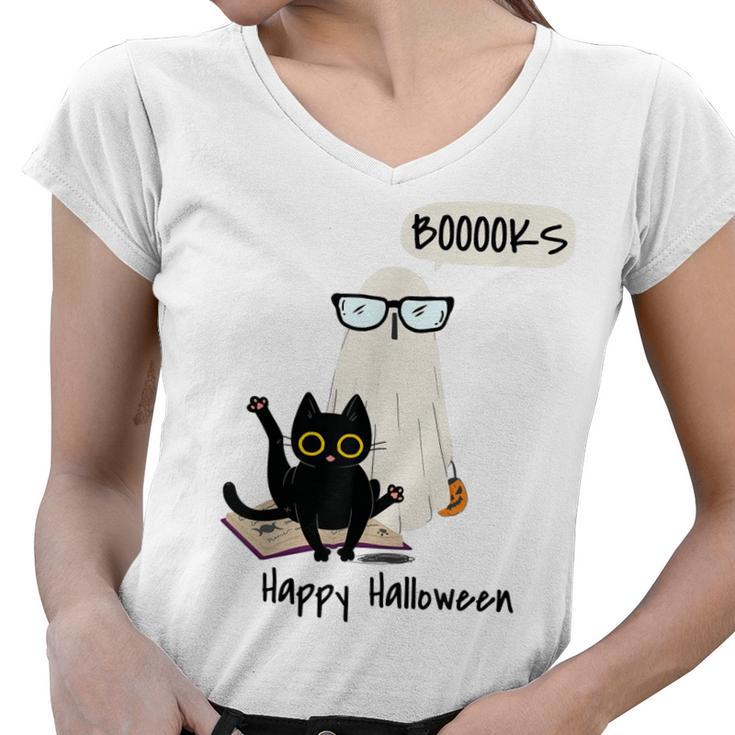 Book Lover Halloween Boooks Ghost Boo And Black Cat Cute  Women V-Neck T-Shirt