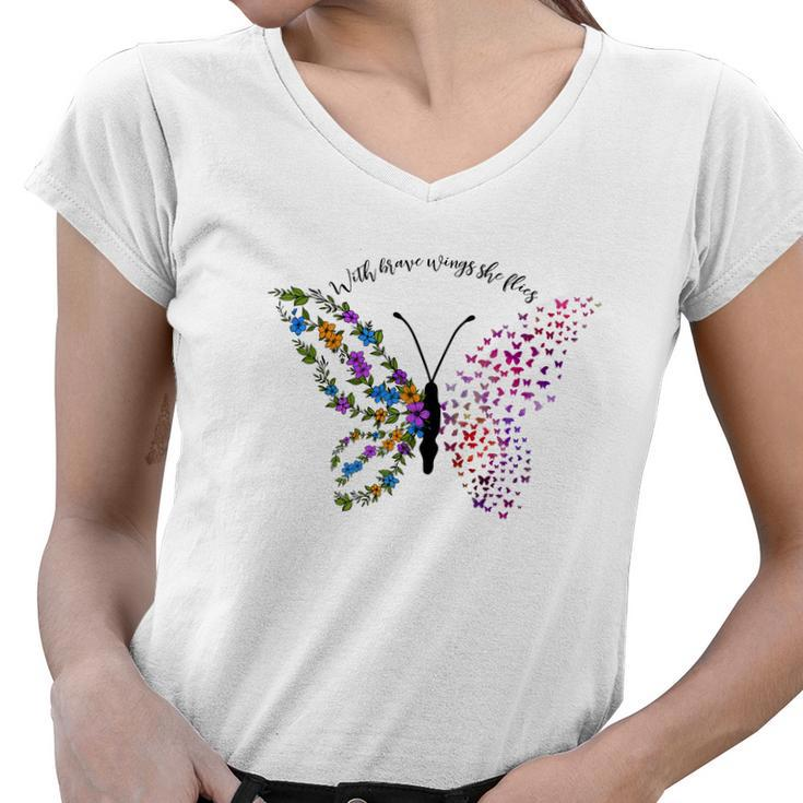 Butterfly With Brave Wings She Flies Women V-Neck T-Shirt