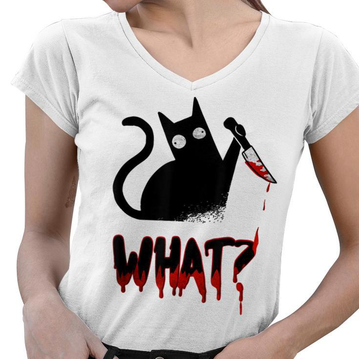 Cat What Murderous Black Cat With Knife Halloween Costume  Women V-Neck T-Shirt