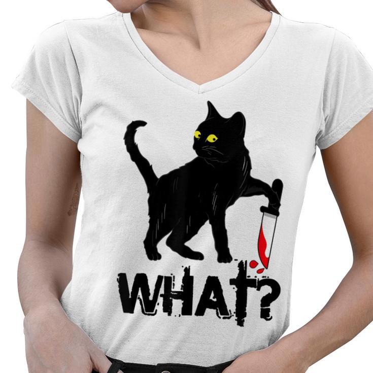 Cat What  Murderous Black Cat With Knife Halloween  Women V-Neck T-Shirt