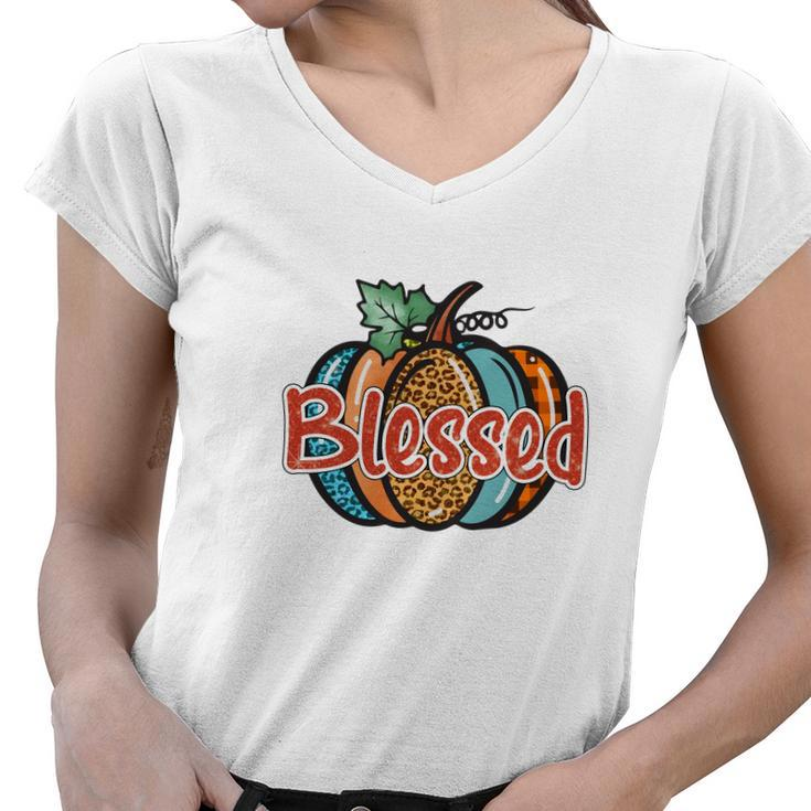 Colorful Pumpkin Blessed Thankful Fall Gift Women V-Neck T-Shirt
