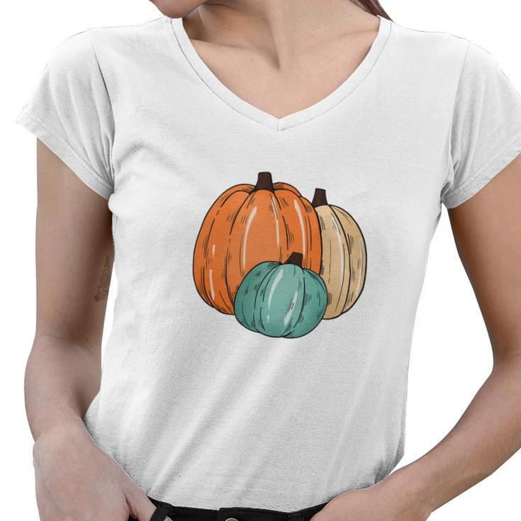 Colorful Pumpkins Happy Fall Season Present Women V-Neck T-Shirt