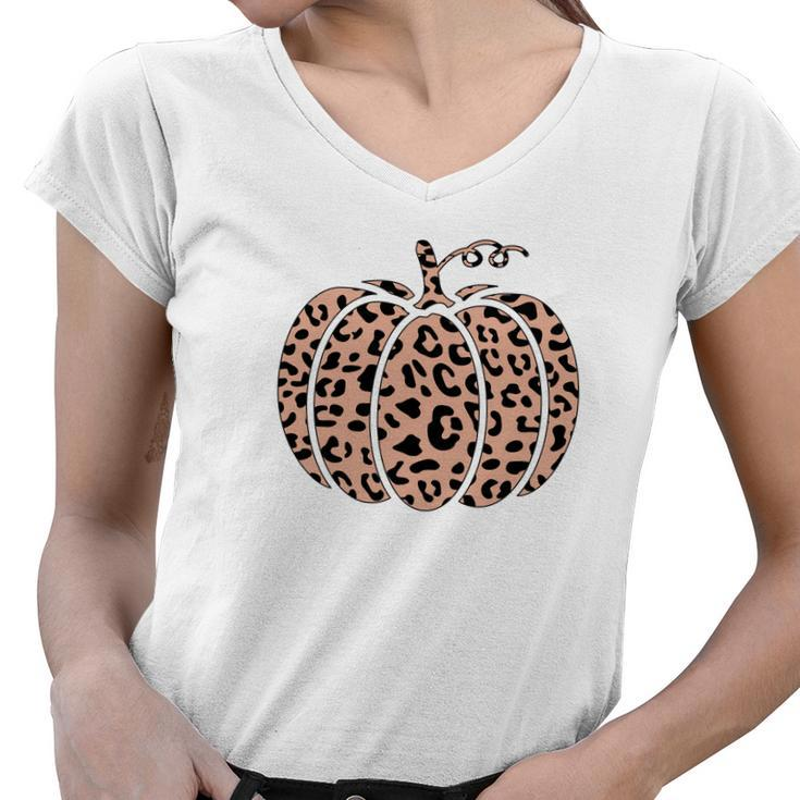 Cool Funny Fall Gift Leopard Pumpkin Women V-Neck T-Shirt