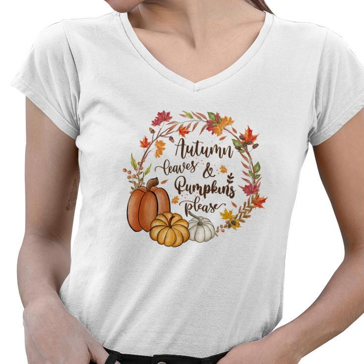 Cozy Autumn Fall Autumn Leaves _ Pumpkins Please Women V-Neck T-Shirt