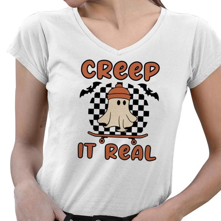 Creep It Real Boo Skateboarding Caro Halloween Women V-Neck T-Shirt