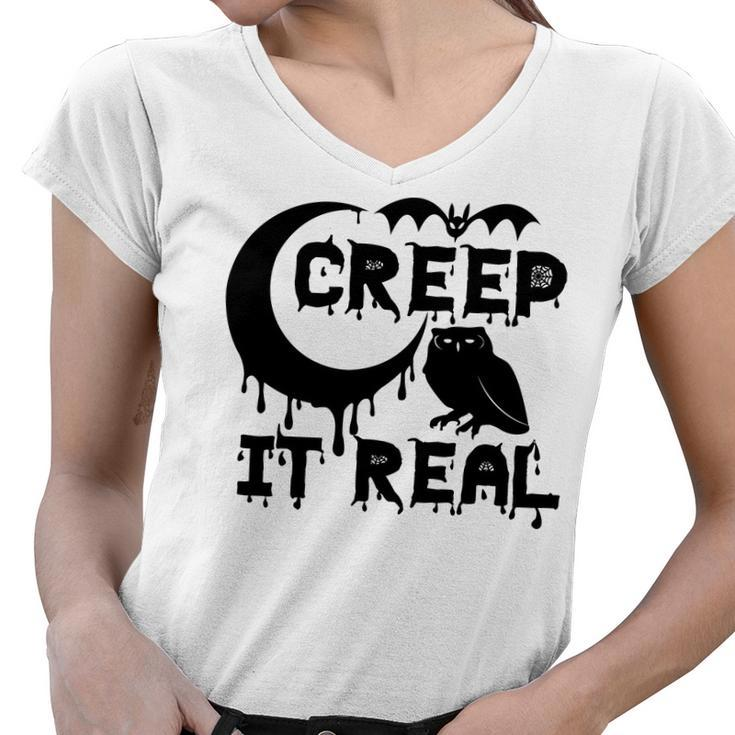 Creep It Real Moon Owl Halloween Night Women V-Neck T-Shirt