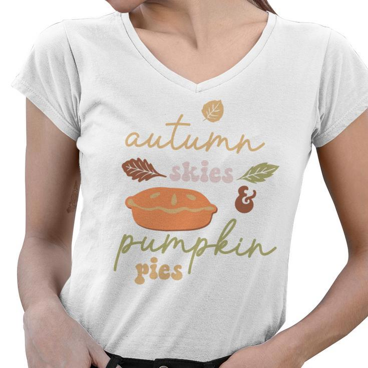 Cute Autumn Skies Pumpkin Pies Fall Season Women V-Neck T-Shirt
