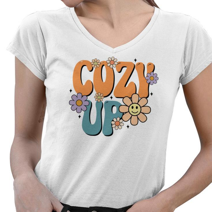 Cute Cozy Up Flowers Fall Women V-Neck T-Shirt