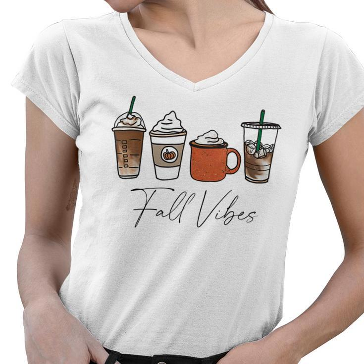 Cute Fall Vibes Coffee Pumpkin Spice Latte Drinks Autumn  Women V-Neck T-Shirt