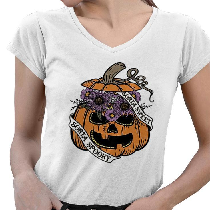 Cute Halloween Sorta Sweet Sorta Spooky Pumpkin Florals  Women V-Neck T-Shirt