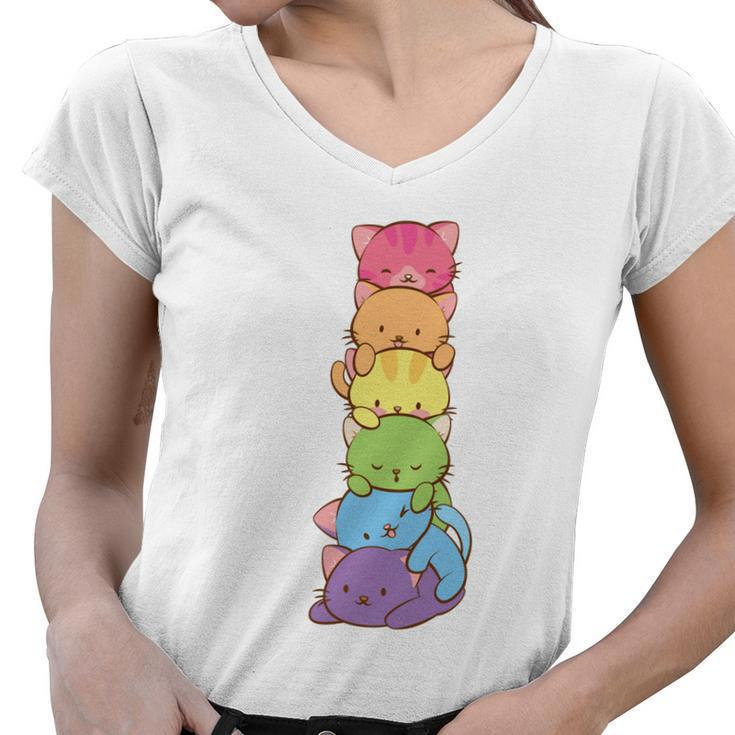 Cute Lgbt Rainbow Gay Pride Flag Kawaii Cat Pile Anime Art Gift Women V-Neck T-Shirt