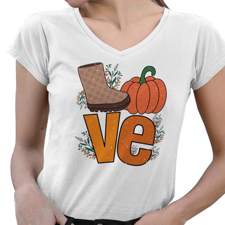 Cute Love Pumpkin Fall Season Shoes Women V-Neck T-Shirt