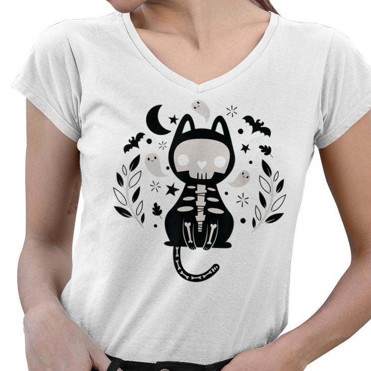 Cute Retro Black Cat Fall Halloween  Women V-Neck T-Shirt