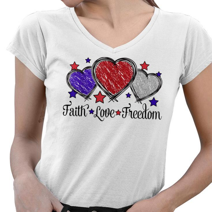 Faith Love Freedom 4Th Of July American Flag Heart  Women V-Neck T-Shirt