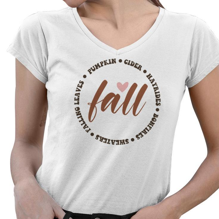 Fall Circle Pumpkin Leaves Hayrides Sweaters Women V-Neck T-Shirt