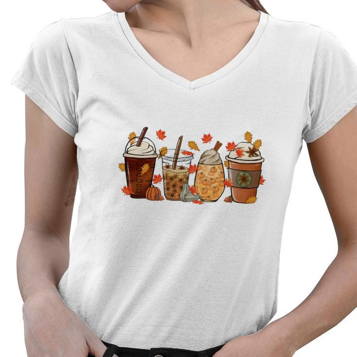 Fall Coffee Autumn Drinking Latte Cream Cozy Women V-Neck T-Shirt