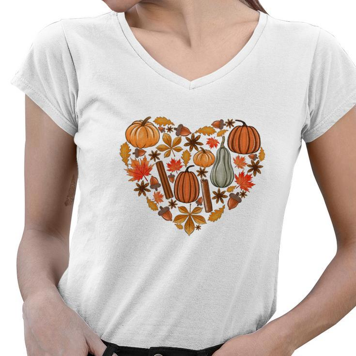 Fall Heart Pumpkins Flowers Women V-Neck T-Shirt