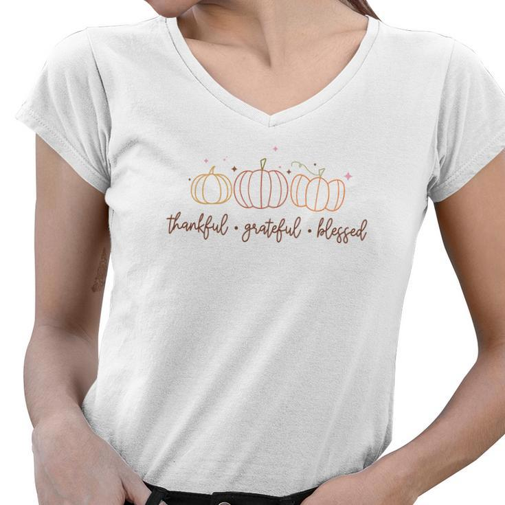 Fall Pumpkin Thankful Grateful Blessed Custom Women V-Neck T-Shirt