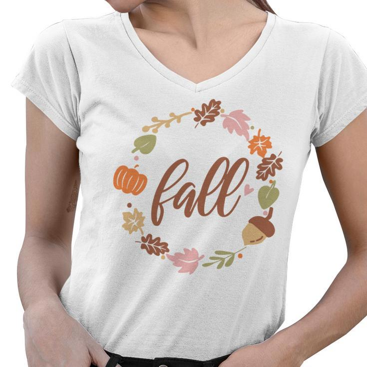 Fall Retro Flower Leaf Circle Women V-Neck T-Shirt