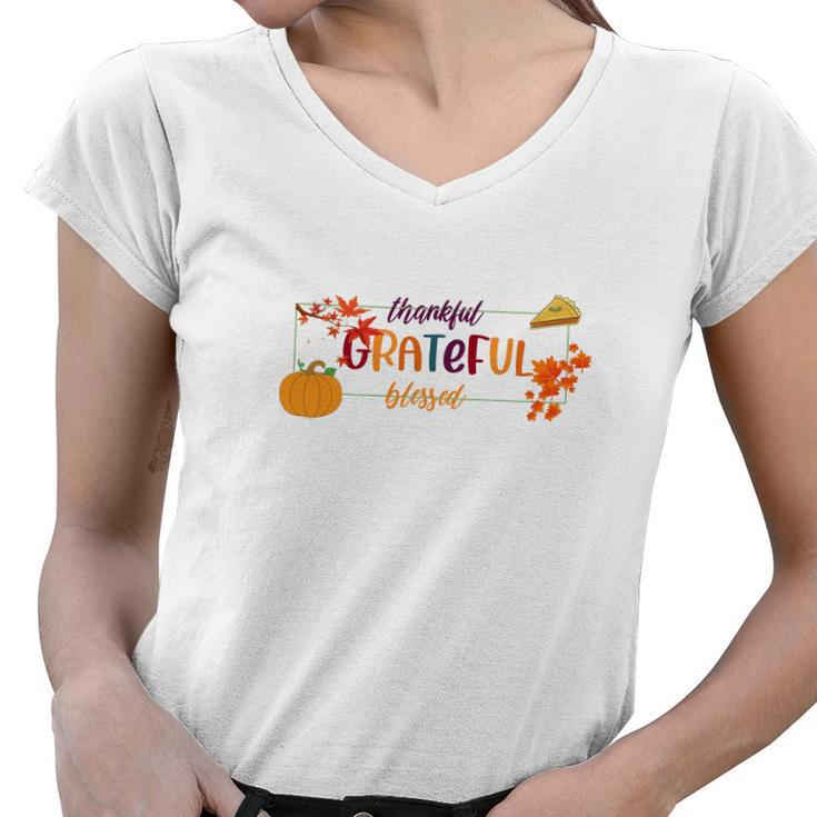 Fall Thankful Grateful Blessed Pumpkin Pie Women V-Neck T-Shirt