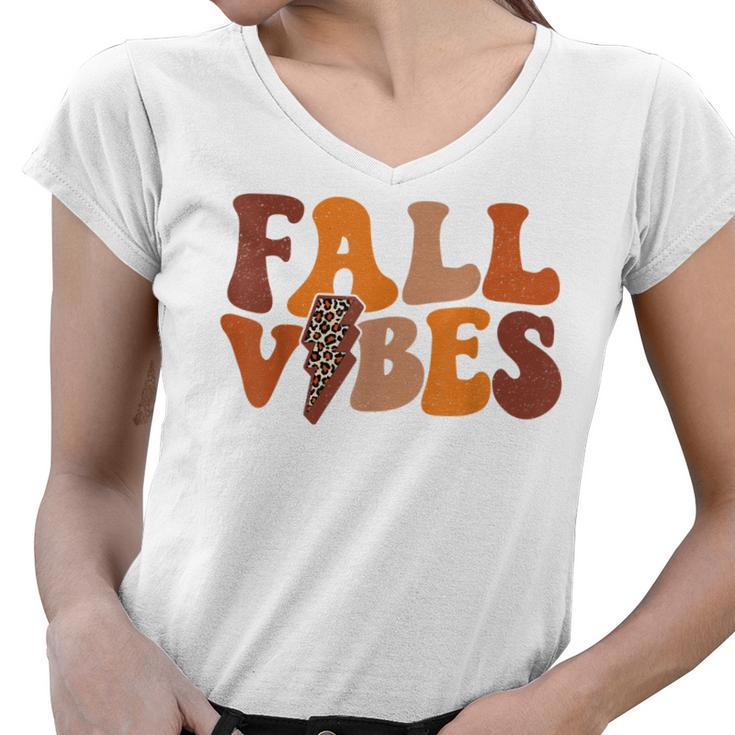 Fall Vibe Vintage Groovy Fall Season Retro Leopard  Women V-Neck T-Shirt