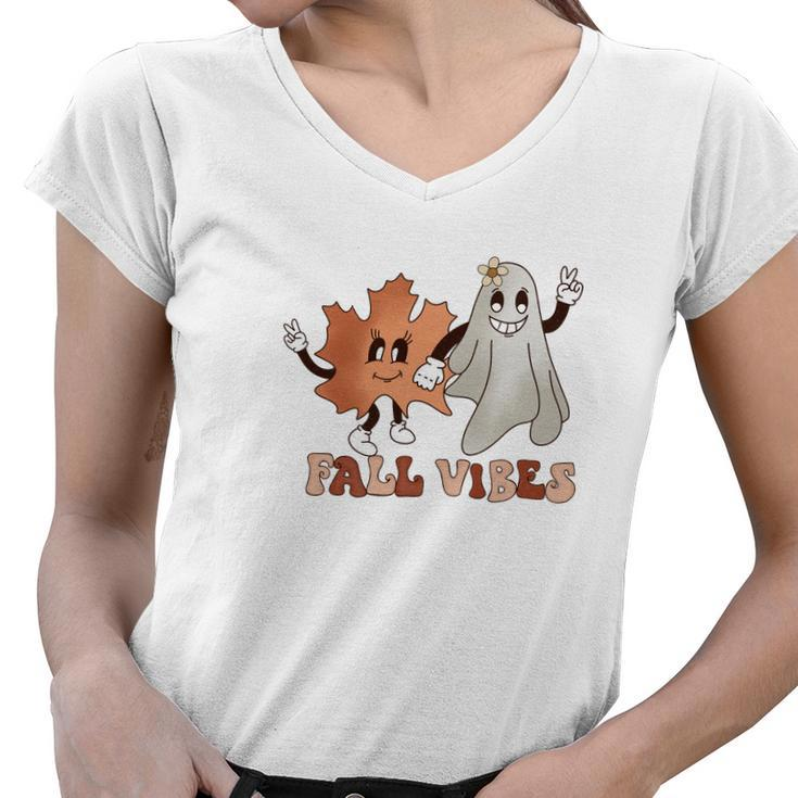 Fall Vibes Leaf And Boo Women V-Neck T-Shirt