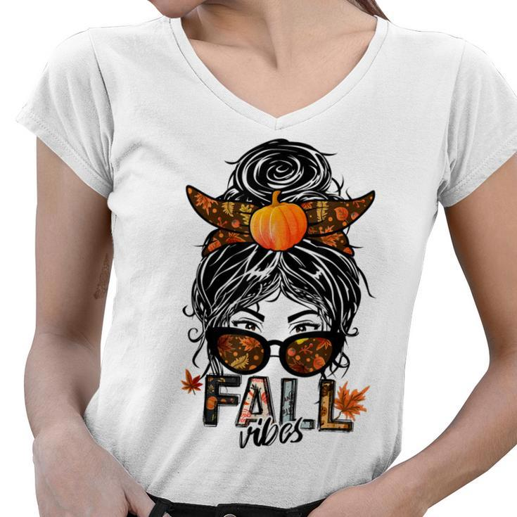 Fall Vibes Messy Bun Women Sunglasses Funny Fall Gifts  Women V-Neck T-Shirt