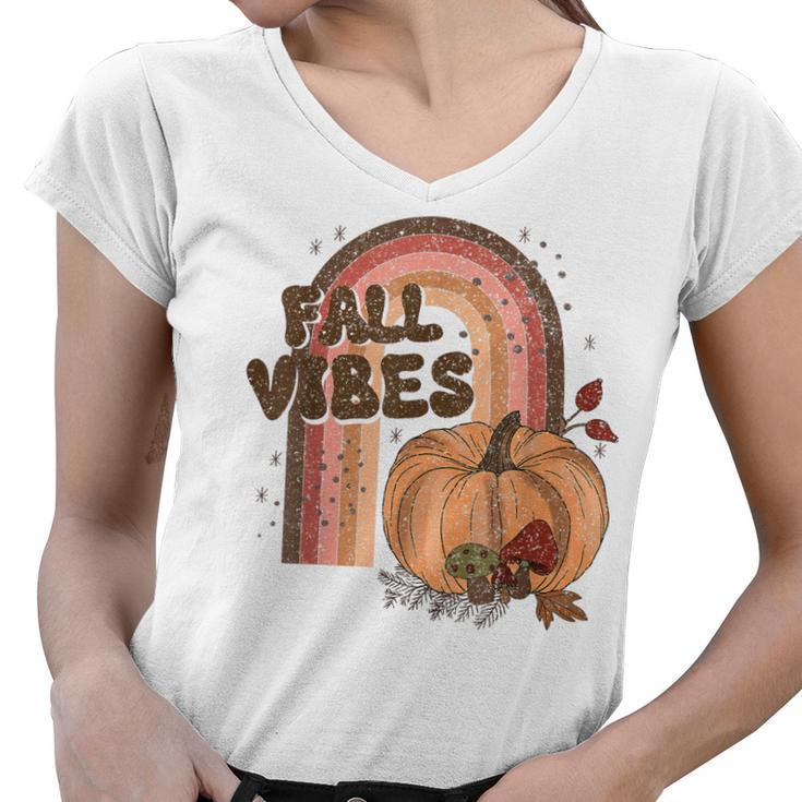 Fall Vibes Retro Rainbow Fall Autumn Pumpkin Hippie  Women V-Neck T-Shirt