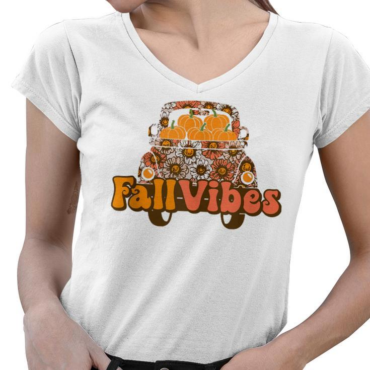 Fall Vibes Truck Thankful Truck Driver For Father Day  Women V-Neck T-Shirt