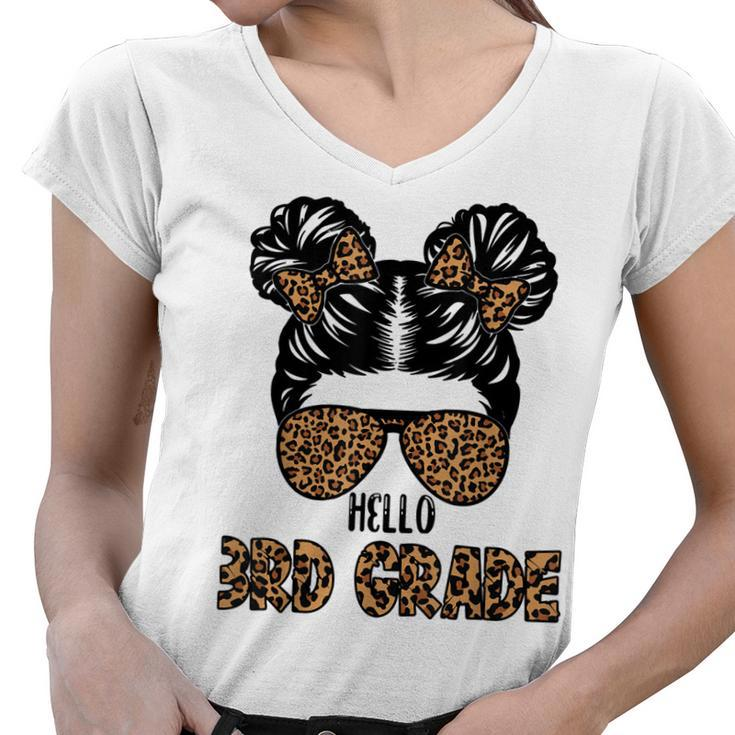 First Day Of School Hello 3Rd Grade Leopard Messy Bun Girls  Women V-Neck T-Shirt