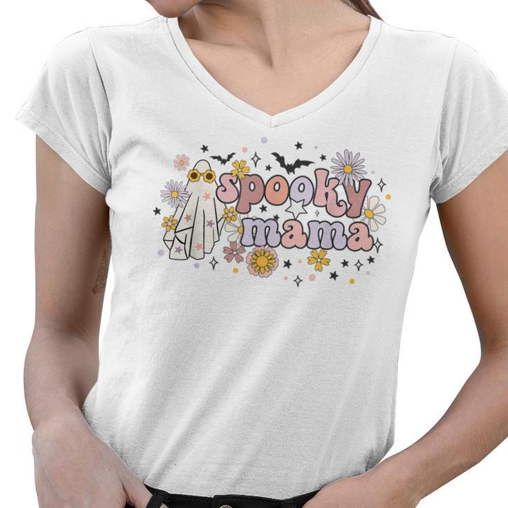 Floral Ghost Halloween Spooky Mama Cool Mom Funny Halloween  Women V-Neck T-Shirt