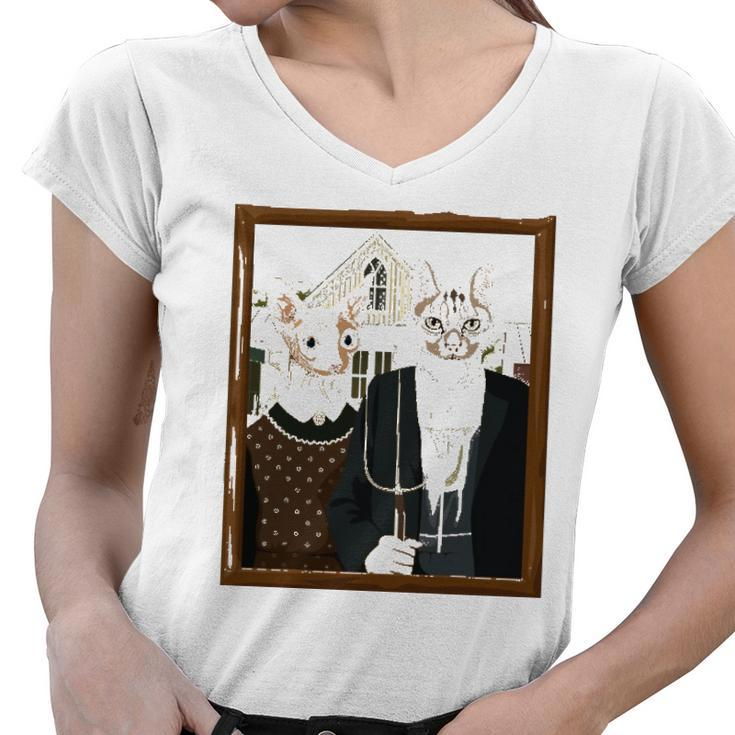 Funny American Gothic Cat Parody Ameowican Gothic Graphic Women V-Neck T-Shirt